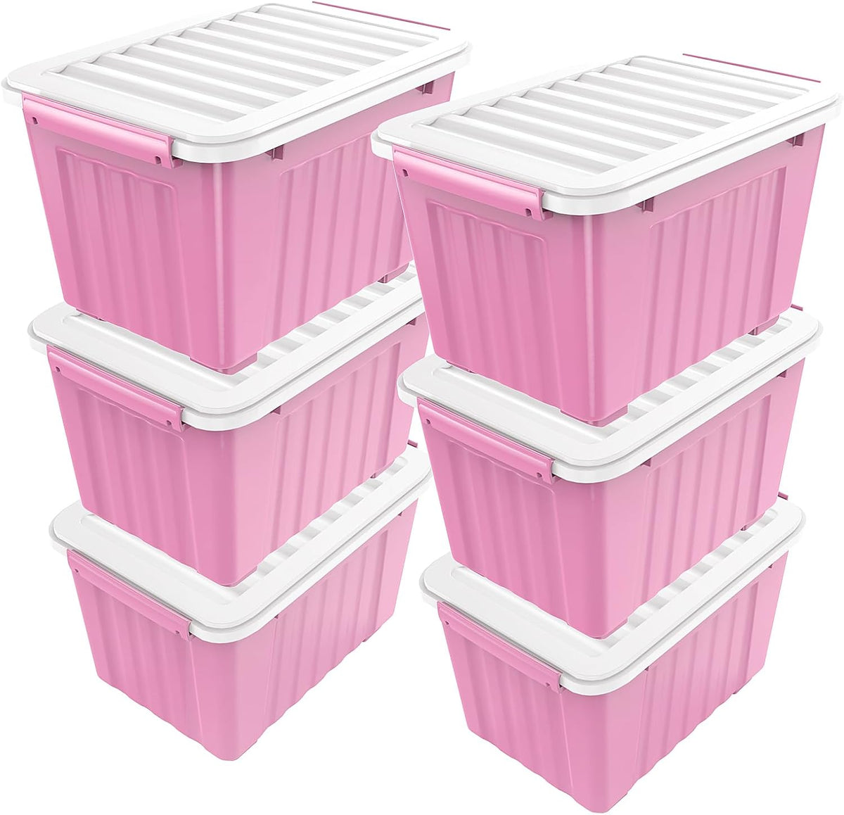 Plastic Storage Bin, Stackable and Nestable Storage Boxes with White Lids and Secure Latching Buckles, Large Storage Container (Pink/White, 72Quart-6Pack)