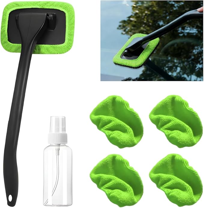 Car Windshield Cleaning Tool, Microfiber Vehicle Window Cleaner with 5 Washable Reusable Cloth Pad & 1 Spray Bottle, Automotive Glass Wiper Cleaning Kit Accessories, Universal Fit (Green)