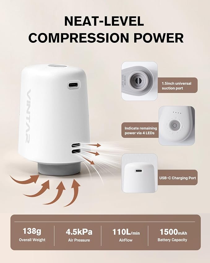 Cordless Electric Travel Vacuum Pump for Vacuum Storage Bags, VINTAR Portable Vacuum Sealer for Clothes, USB Rechargeable Air Pump for Compression Clothing Blanket Luggage (Storage Bag Not Included)