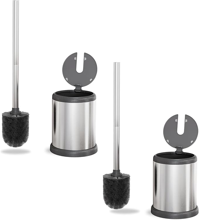 ToiletTree Products Toilet Brush with Lid - Sleek Toilet Bowl Brush and Holder - Toilet Scrubber Brush Set with Heavy-Weight Base - Lidded Toilet Bowl Cleaner Brush and Holder - Chrome (2 Pack)