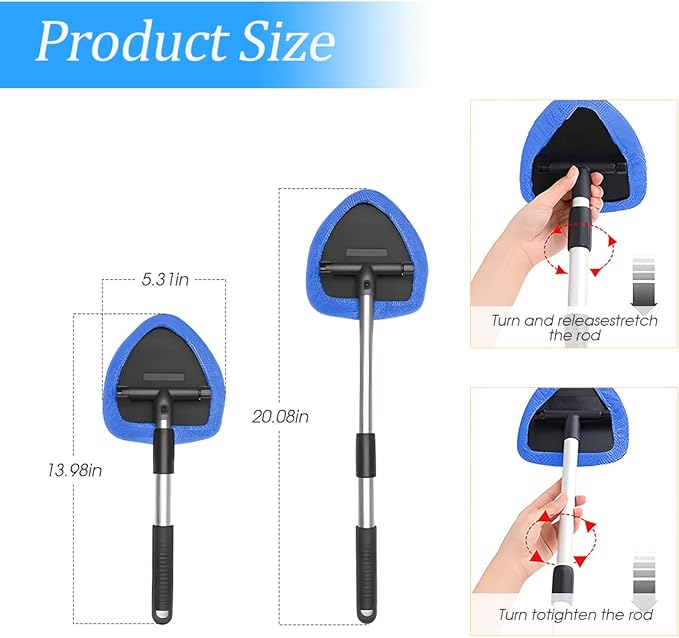 Windshield Cleaning Tool, Car Window Cleaner with Extendable Long Handle and 4 Washable Reusable Microfiber Pads, Auto Interior Exterior Glass Wiper Cleaning Kit Universal for Office and Home (Blue)