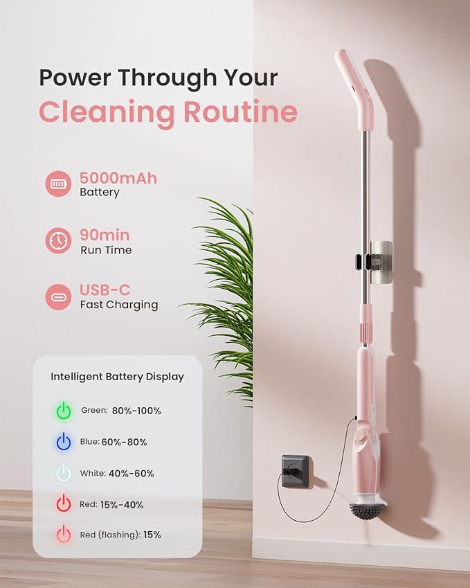 Leebein Electric Spin Scrubber, Shower Scrubber with 4 Adjustable Angles and 8 Brush Heads, Electric Scrubber with Long Handle & Remote Controller, Cleaning Brush for Bathroom, Tub, Floor (Pink)