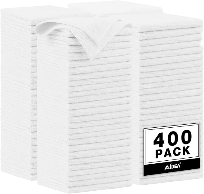 AIDEA Microfiber Cleaning Cloth White, 400PK, Microfiber Towels for Cars, Shop Towels Cleaning Rags, Premium Wash Cloths, Absorbent Towel for SUVs, House, Kitchen, Commercial, Cleaning Supplies 12×12"