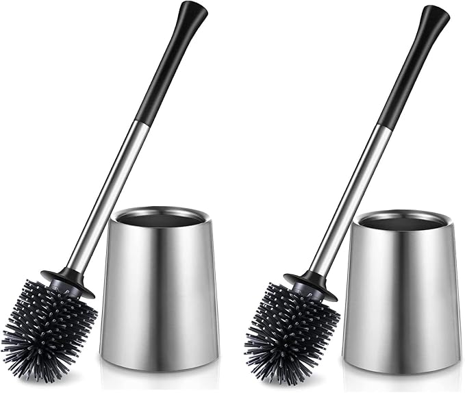HAMITOR Toilet Bowl Brush Holder Set: 2Pack Silicone Stainless Steel Deep Cleaning Toilet Cleaner Brush for Bathroom Restroom - Compact Modern Rv Toilet Scrubber Accessories with Caddy
