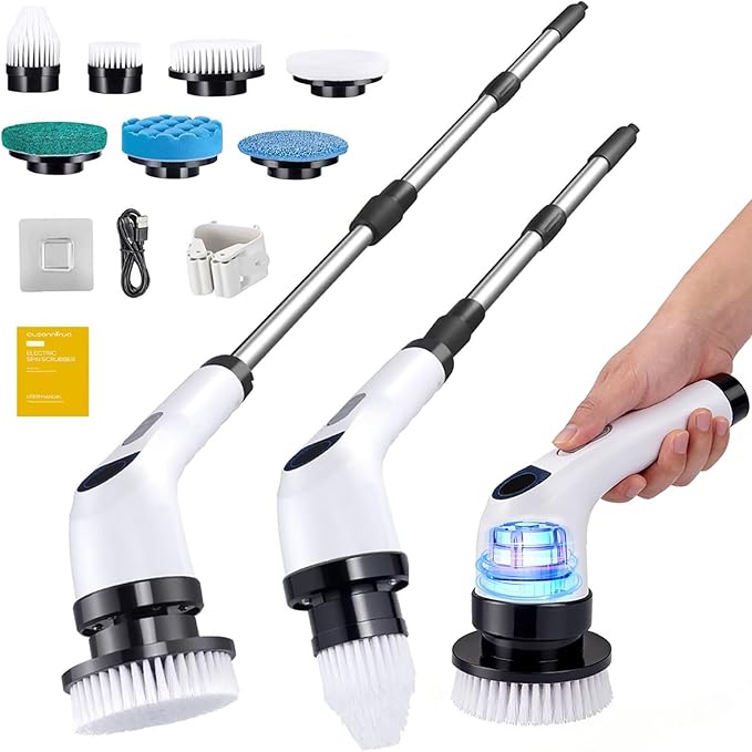 Cleanninja Electric Spin Scrubber for Cleaning, Adjustable Shower Brush with 7 Replaceable Heads & Power LED Display, 2 Speed Waterproof Cordless Shower Scrubber for Bathtub, Kitchen, Car, White