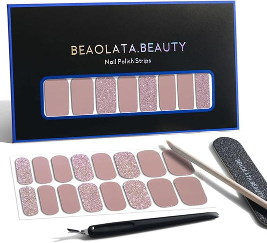 Nail Polish Strips, 32PCS Salon Quality Wraps, Long Lasting Gel Nail Stickers for Women Easy Apply& Remove (Highlighter Nude)