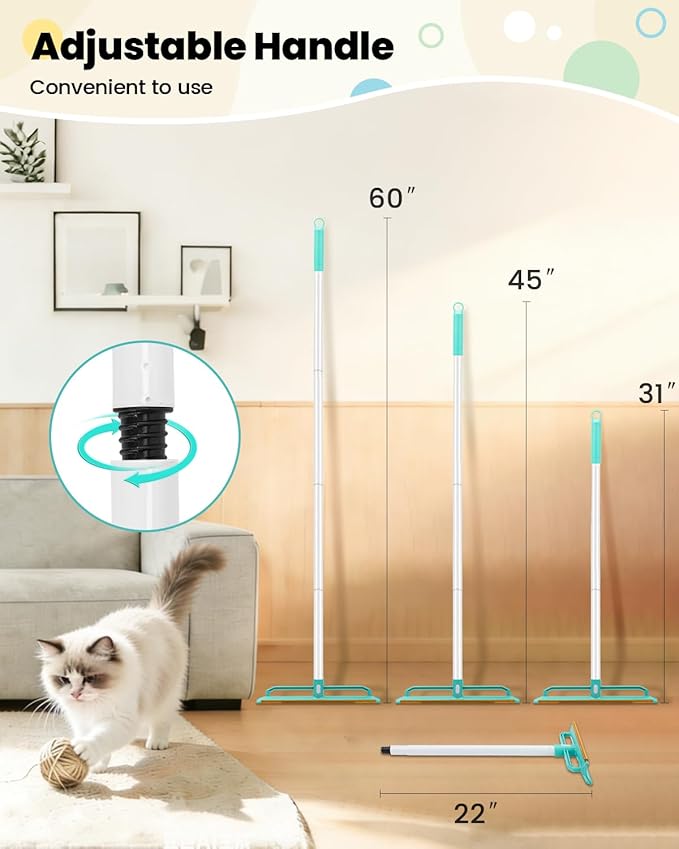 Carpet Rake for Pet Hair Removal - 5-in-1 Dual-Sided Rubber & Metal Carpet Scraper Tool with 60" Adjustable Handle, Used for Cleaning Dog and Cat Fur on Furniture, Short Pile Carpets, Rugs
