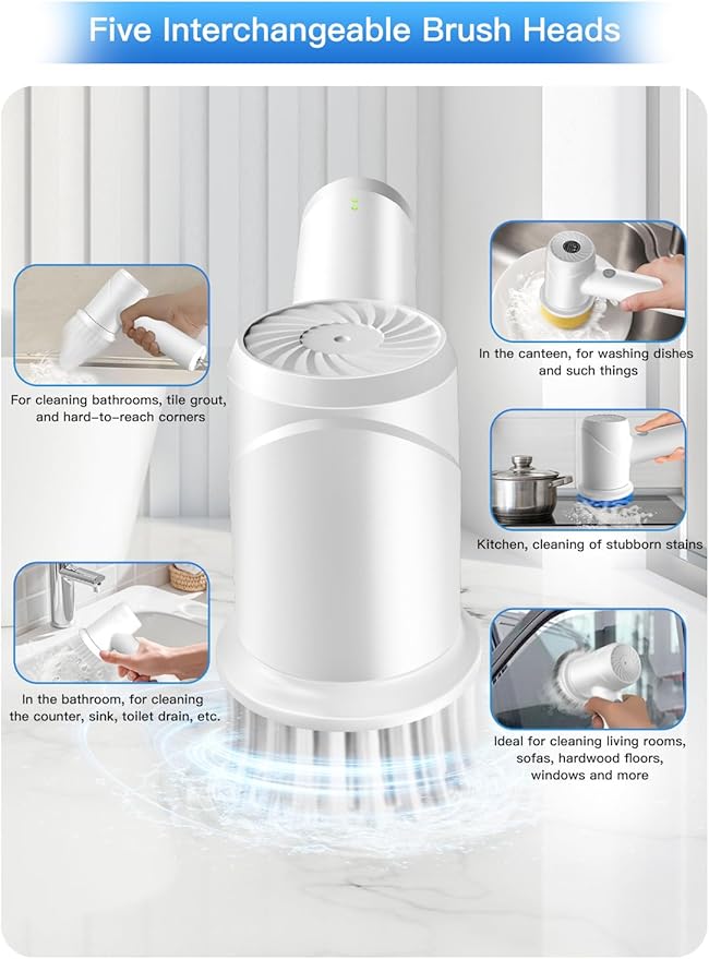Electric Spin Scrubber - Cordless IPX7 Waterproof Shower Scrubber with 2 Speed Settings and 6 Replaceable Heads，Electric Cleaning Brush for Bathroom，Kitchen and Windows