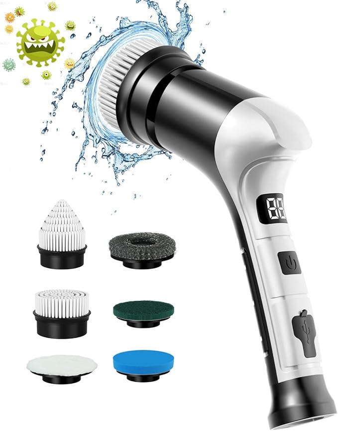 Electric Spin Scrubber, Cordless Household Cleaning Brush with 6 Replaceable Heads, 3 Speeds, LED Display, Lightweight Handheld Power Scrubber for Cleaning Stove/Bowl/Sink/Corner/Tile/Grout-Black