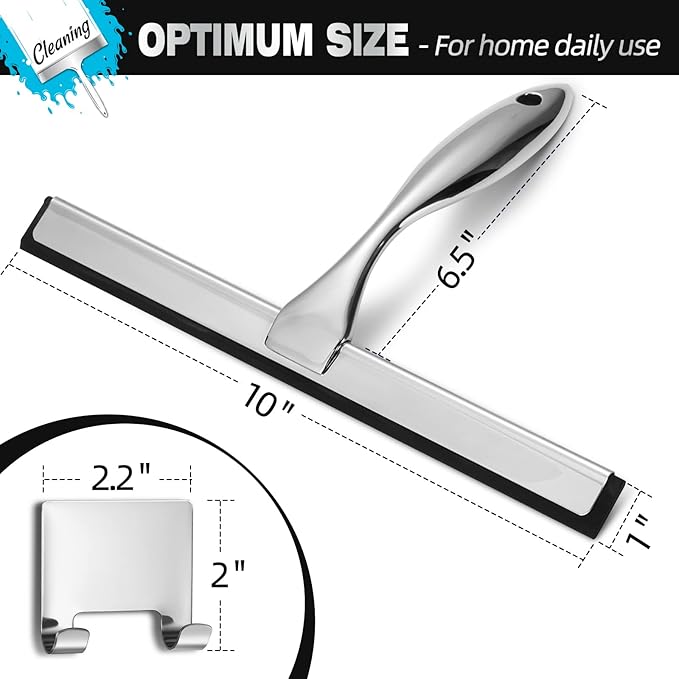 NETANY Shower Squeegee, 10-Inch Silver Squeegee, All-Purpose Stainless Steel Squeegee for Bathroom, Shower Doors, Mirrors, Tiles and Car Windows - 100% Streak Free