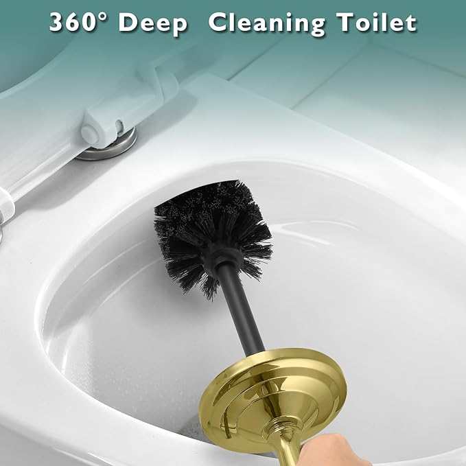 Stainless Steel Toilet Brush and Holder,Gold Toilet Bowl Brush with Long Handle for Bathroom,Toilet Brushes-Space Saving,Covered Brush, Durable, Deep Cleaning,Splash Resistant