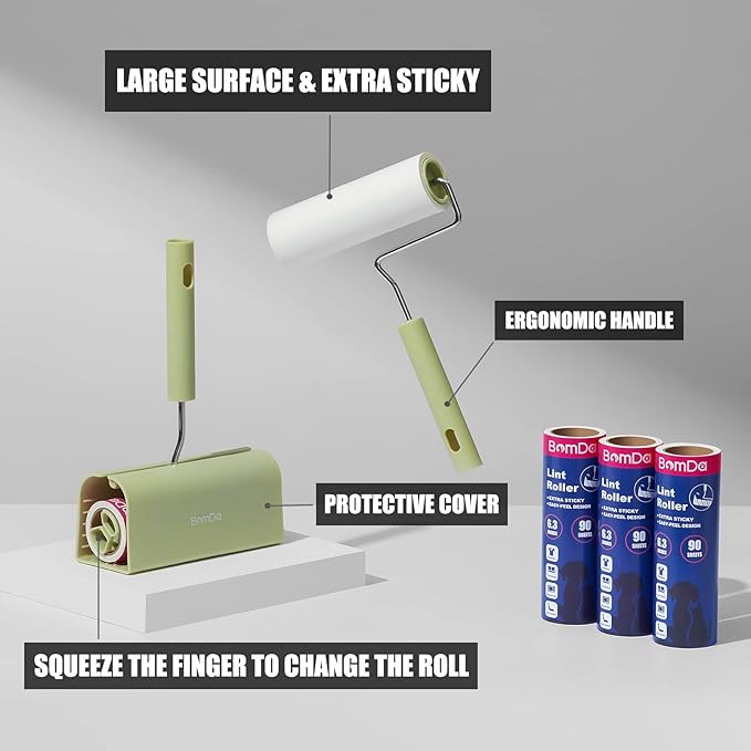 Extra Sticky Large Surface Lint Roller, 6.3'' Giant Lint Roller for Pet Hair, Long Handle Lint Remover for Clothes, Furniture, Dog & Cat Hair Remover (8 Refills / 720 Sheets)