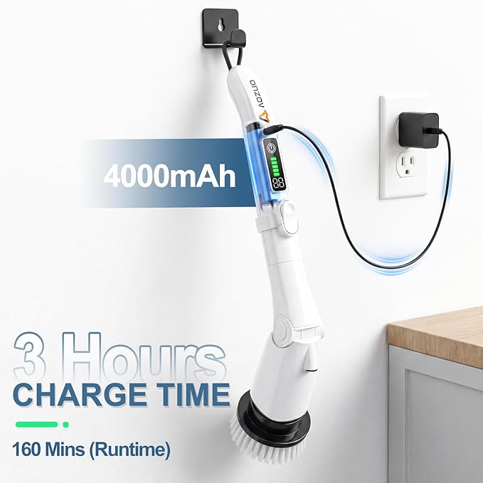 Electric Spin Scrubber, Power Cleaning Brush with 3 Speed Modes LED Light, 7 Replaceable Heads Cordless Shower Scrubber, Long Handle Extendable Scrubber for Bathroom, Floor, Tub, Tile, Grout