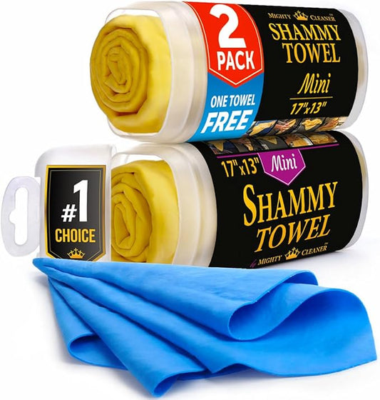 Shammy Cloth for Car Drying – 2pk Mini +1 Free – 17"x13" – Super Absorbent