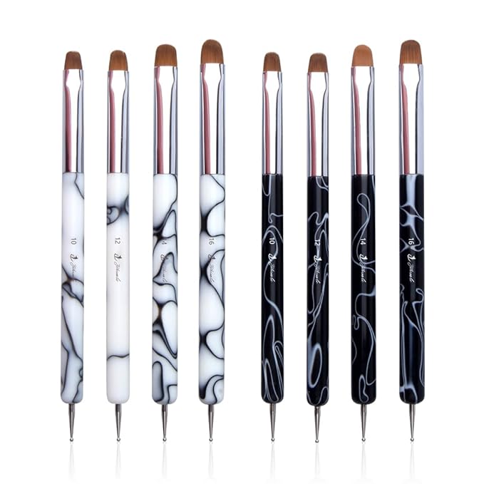 French Nail Brush, YIHUALE 2 Way French Gel Acrylic Nail Art Kolinsky Brush With Dotting Tool for Professional Manicure Cuticle Clean Up Nail Art Design- White And Black 8# (8#, White And Black)