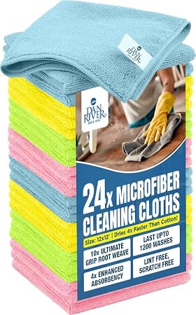 DAN RIVER 24-Pack Microfiber Towels – Ultra Absorbent, Lint-Free & Streak-Free Rags for Cleaning House, Car & Kitchen - 