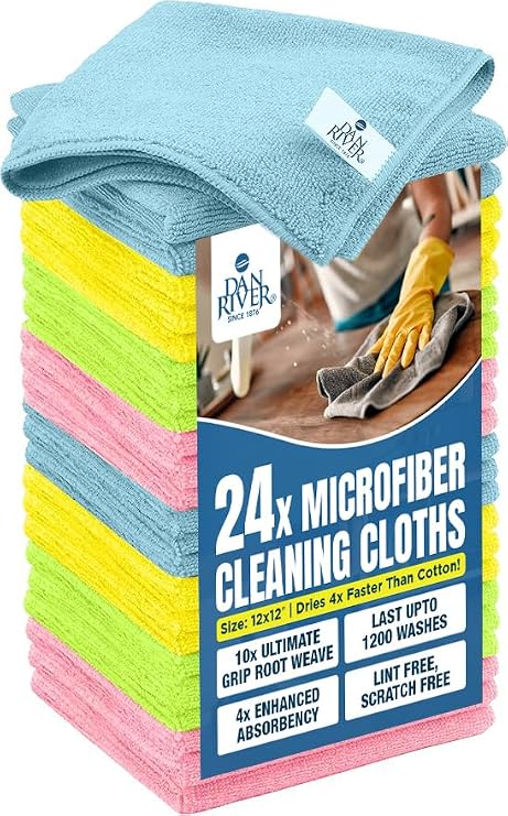 DAN RIVER 24-Pack Microfiber Towels – Ultra Absorbent, Lint-Free & Streak-Free Rags for Cleaning House, Car & Kitchen - 
