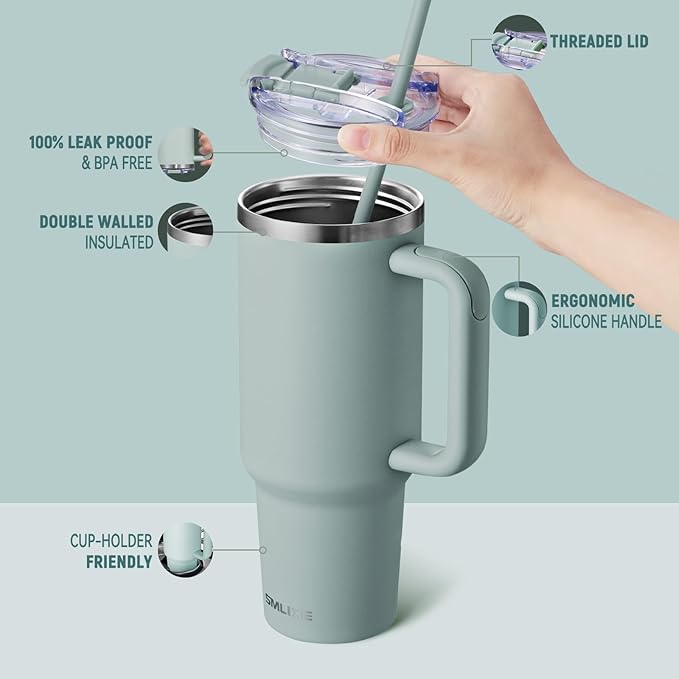 40 oz Tumbler with Handle and Straw Lid,Insulated Reusable Stainless Steel Water Bottle Travel Mug，Cupholder Friendly Double Wall Vacuum Sealed Cup (Shale)