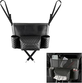DXNQ Car Purse Holder Between Seats, Luxury Leather Front Seat Back Handbag Organizer with Tissue Box Cup Holders, Auto 