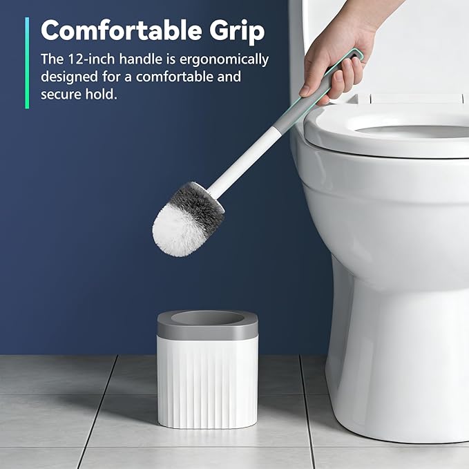 Toilet Brush, 2 Pack Compact Toilet Bowl Brush and Holder Set with Nylon Bristles Toilet Cleaner Brush Hidden Toilet Scrubber Brush for Bathroom Cleaning, Grey & White