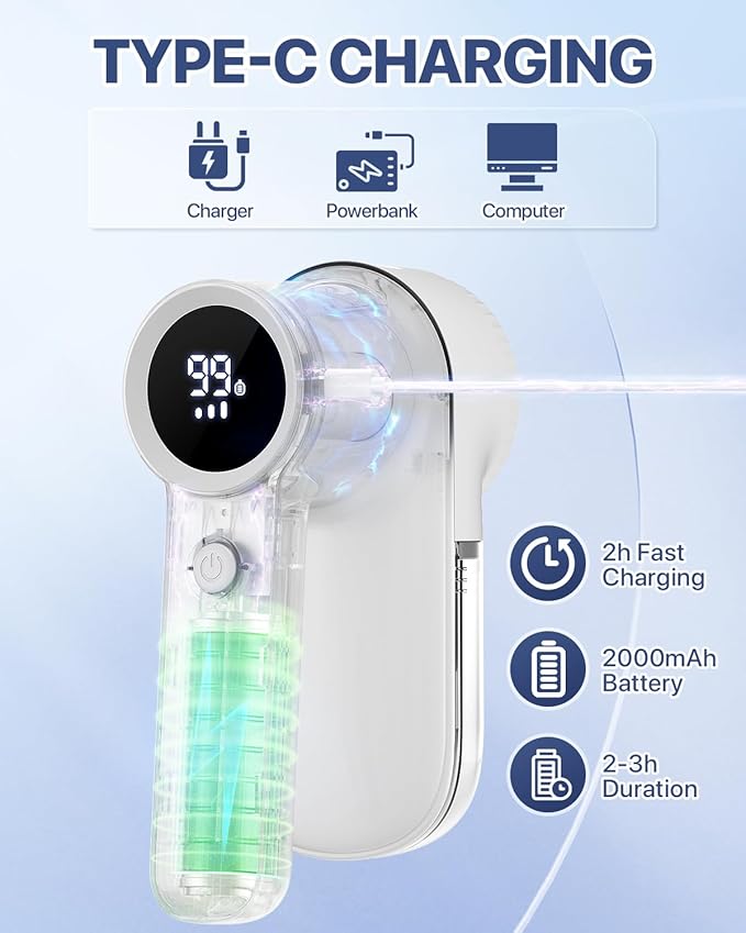 Lint Remover Rechargeable Fabric Shaver : 3-Speeds Sweater Shaver with LED Display & LED Light,3 Extra Blades, Type-C Cable, Lint Remover for Clothes & Furniture, Birthday Gifts for Women