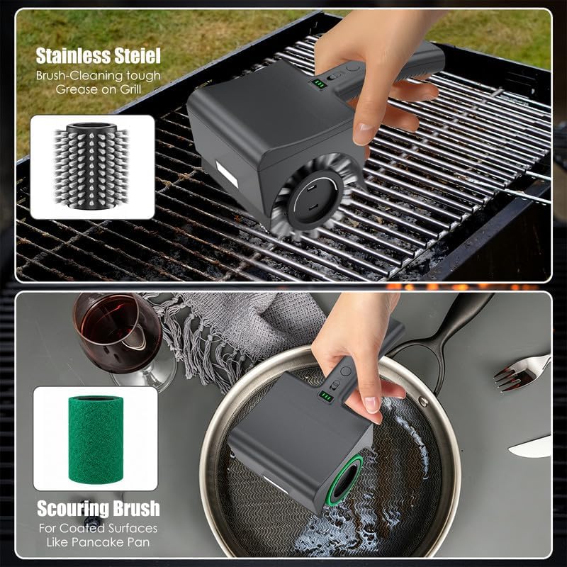 Electric Grill Brush Rechargeable Grill Cleaner 2 Heads 2 Speed 4000 RPM Torque 200KG BBQ Cleaning Brush with Safety Lock Submersible 304 SS Head Splash-Proof Scrubbe IPX7 Waterproof Carbon Black