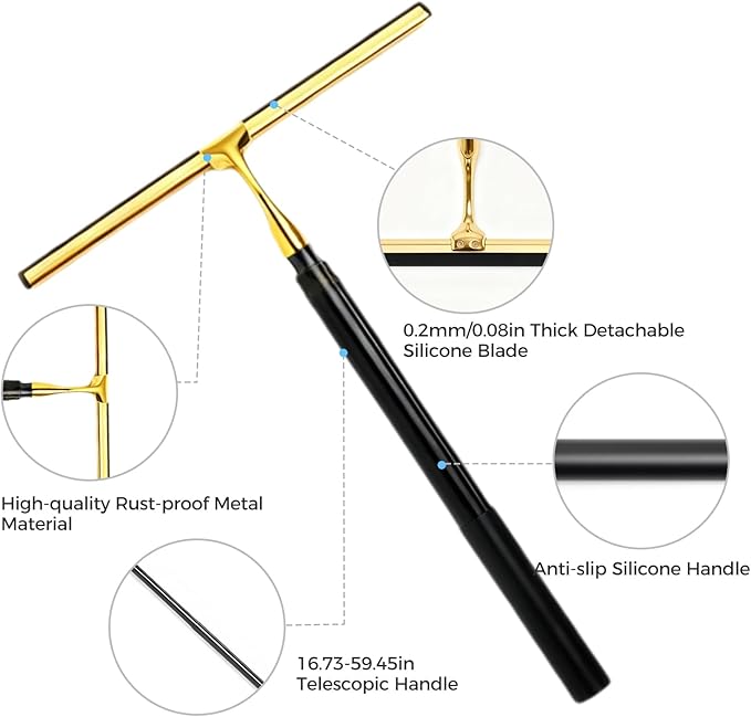 16.7“- 59.5" Long Handle Window Squeegee with Extension Pole, 12.4" Wide Metal Shower Squeegee for Glass Doors, 2-in-1 Squeegee for Home Window Cleaning, Tile Wall, Car (Gold)