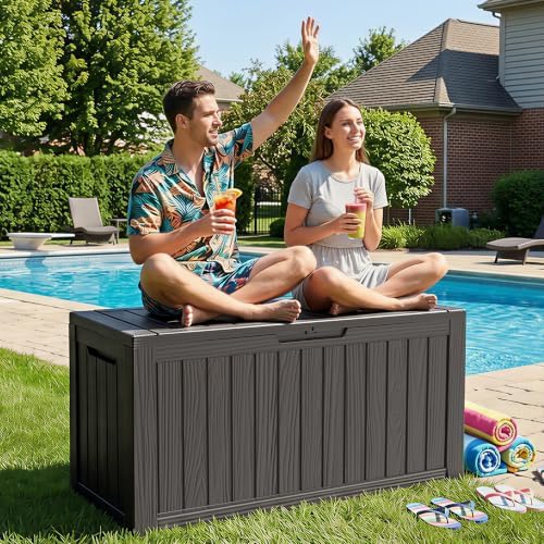 155 Gallon Deck Box Waterproof Outdoor Storage Box with Wheels, Black