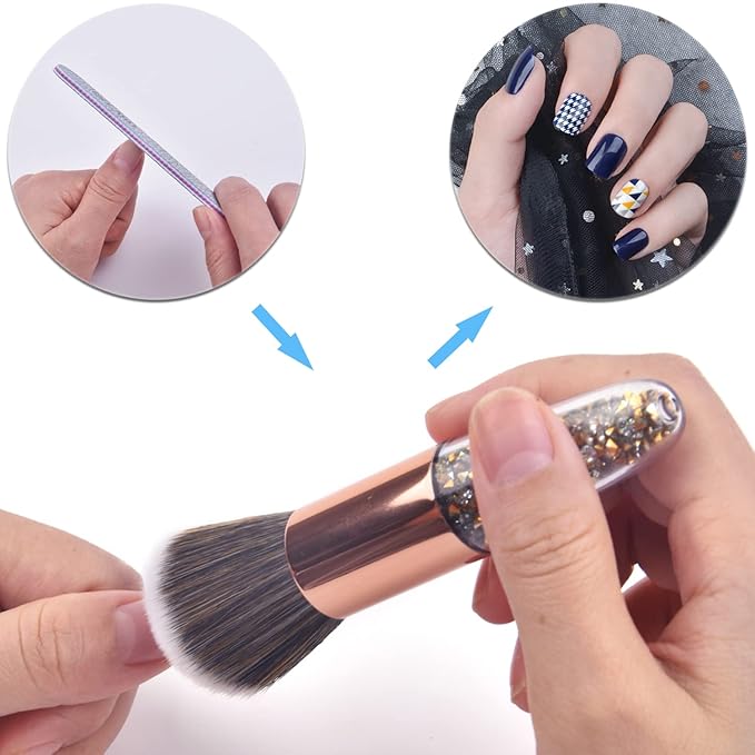 Nail Art Dust Powder Remover Brush Rhinestone Handle Nail Art Dust Cleaner Brush Professional Nail Art Tool for Acrylic Gel Nails