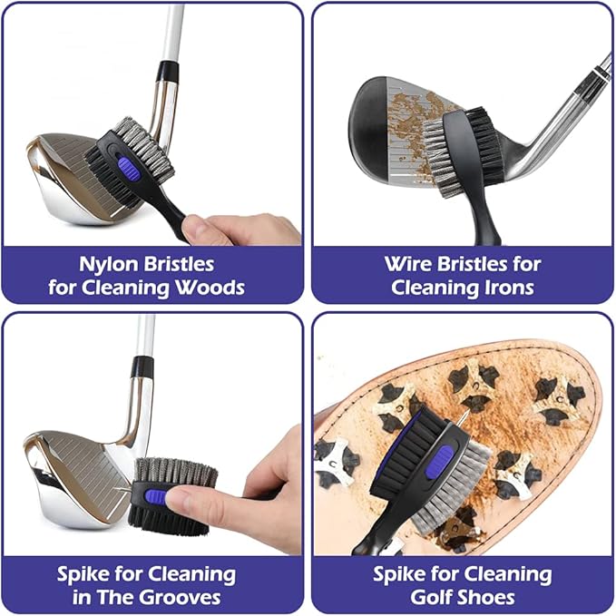 THIODOON 2 Pack Golf Club Brushes and Groove Cleaner 2 ft Retractable Zipline Carabiner Golf Brush Head with Retractable Spike Comfortable Grip Golf Club Cleaner