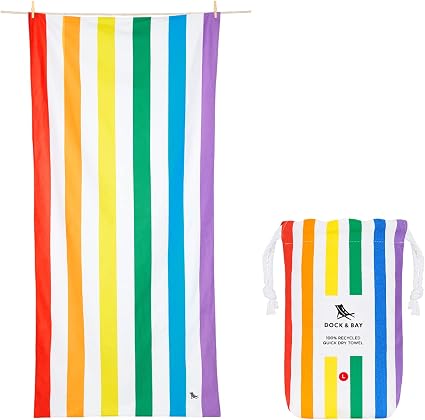 Dock & Bay Beach Towel - Quick Dry, Sand Free - Compact, Lightweight - 100% Recycled - Includes Bag - Summer - Rainbow S