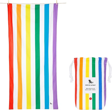 Dock & Bay Beach Towel - Quick Dry, Sand Free - Compact, Lightweight - 100% Recycled - Includes Bag - Summer - Rainbow S