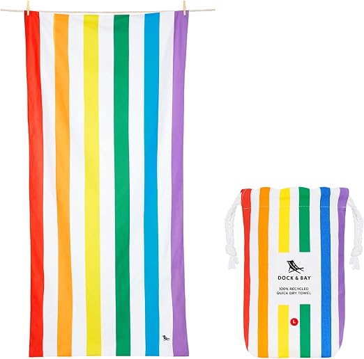 Dock & Bay Beach Towel - Quick Dry, Sand Free - Compact, Lightweight - 100% Recycled - Includes Bag - Summer - Rainbow S
