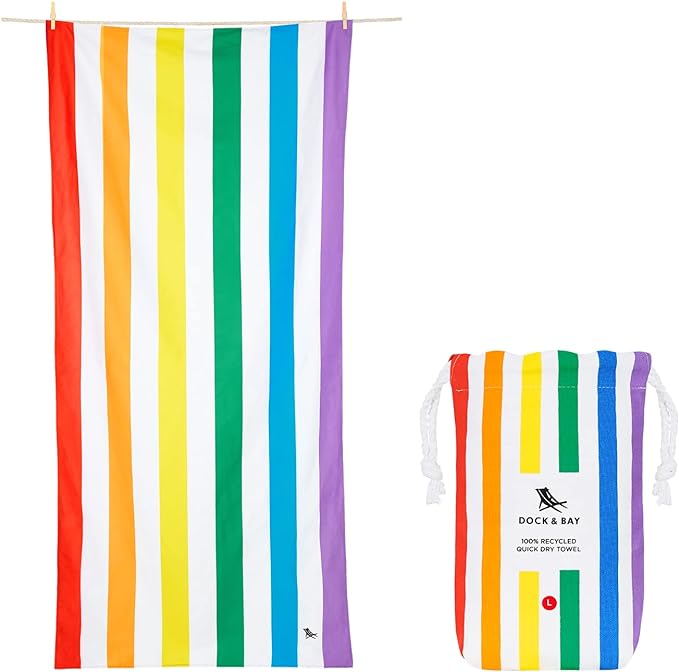 Dock & Bay Beach Towel - Quick Dry, Sand Free - Compact, Lightweight - 100% Recycled - Includes Bag - Summer - Rainbow S