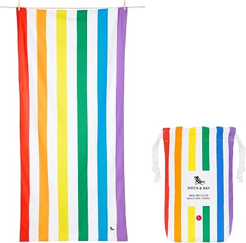 Dock & Bay Beach Towel - Quick Dry, Sand Free - Compact, Lightweight - 100% Recycled - Includes Bag - Summer - Rainbow S