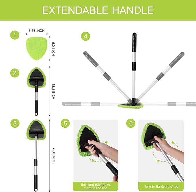 Qydipclin 11pcs Windshield Cleaner Tool, Car Window Cleaning Wash Kit with 6 Reusable Microfiber Pads 2 Spray Bottles and Extendable Handles Auto Glass Wiper Kit, Green