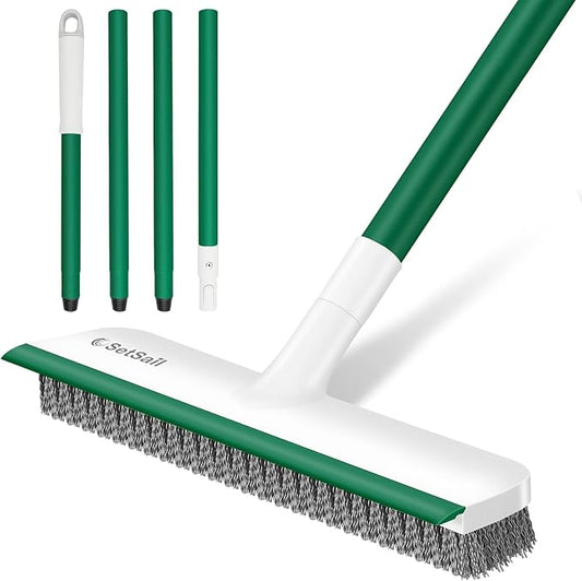 SetSail Upgraded Large 12 in Wide Floor Scrub Brush with 51-Inch Long Adjustable Handle 2 in 1 Scrape Brush Stiff Bristle Floor Scrubber for Cleaning Shower Bathroom Garage Kitchen Wall Deck Tub Tile