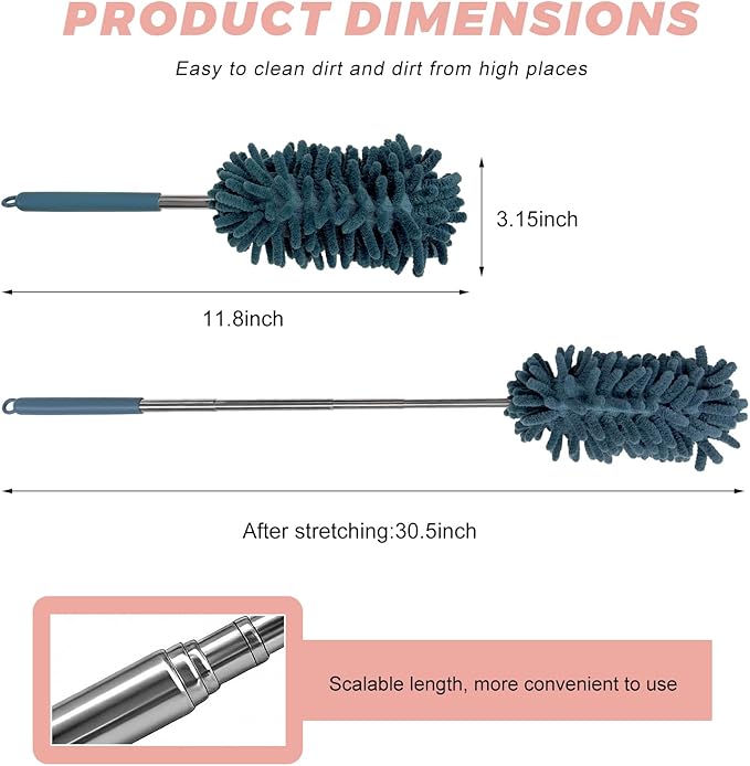 2PCS Car Interior Duster with Extension Pole, 11.8 to 30.5 Inch Retractable Dusters Washable Car Interior Cleaning Brush, Soft Scratch-Free Chenille Auto Dash Vent Window Duster (Navy Blue)
