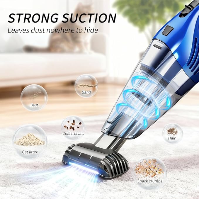 Car Vacuum Portable Cordless – 12000PA Strong Suction, Lightweight & Rechargeable – Includes Multi-Nozzle Attachments for Car, Home, Office, and Pet Hair – Compact & Powerful Azure Vacuum