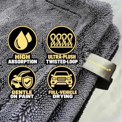 Sleek Max Dry 2K - 2000GSM Microfiber Car Drying Towel, 20x31in, Black
