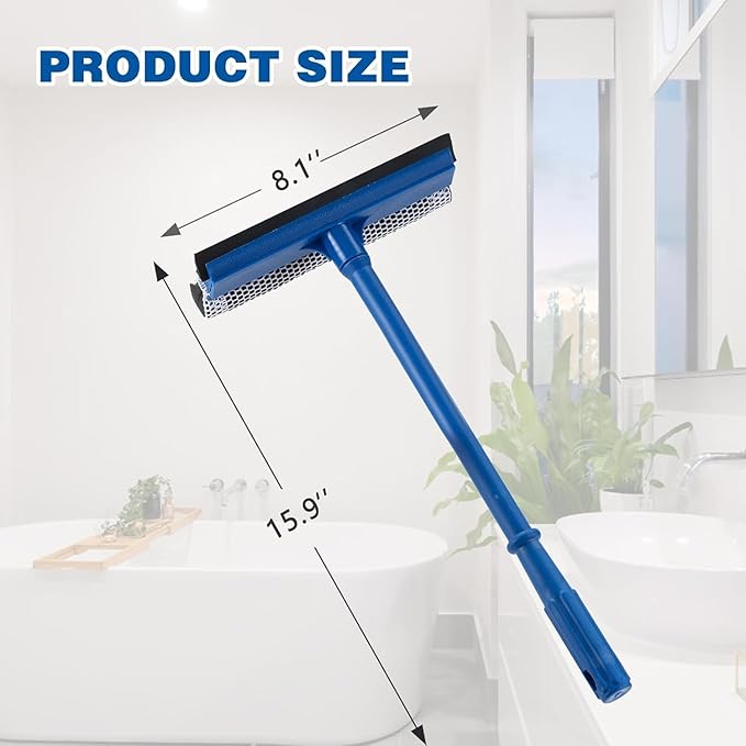 Professional 2-in-1 Window Squeegee, Equipped with a 15.9-Inch Plastic Handle, Soft Rubber Blade and Highly Absorbent Sponge, Ideal for Cleaning Glass,Shower Enclosures and High Outdoor Windows.