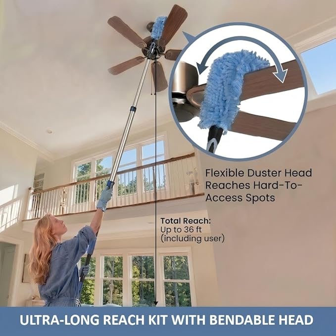 36ft High Ceiling Duster Kits with 5-30ft Heavy Duty Extension Pole - Fan Blade Cleaner, Cobweb Remover & Blue Window Squeegee Kit, Washable Dust Brush for High Roof and Glass Surfaces