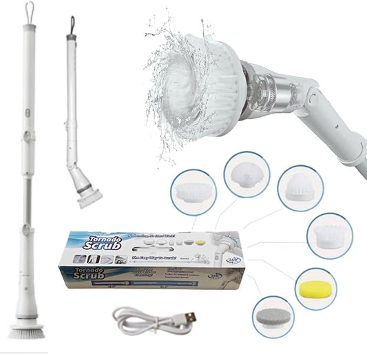 Electric Spin Scrubber - Cordless Cleaning Head with 6 Replaceable Brushes - 90° Rotatable - Ideal for Floor, Window, Cars - Ivory White