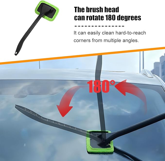 Car Windshield Cleaning Tool, Microfiber Vehicle Window Cleaner with 5 Washable Reusable Cloth Pad & 1 Spray Bottle, Automotive Glass Wiper Cleaning Kit Accessories, Universal Fit (Green)