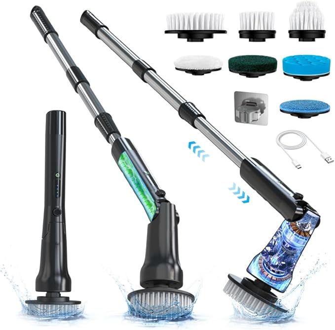 Hillyfe Black Electric Spin Scrubber, Cordless Shower Scrubber with Long Handle, Power Tub & Floor Scrubber, Shower Cleaner Brush for Bathroom, Grout and Tile, 7 Heads, IPX7 Waterproof