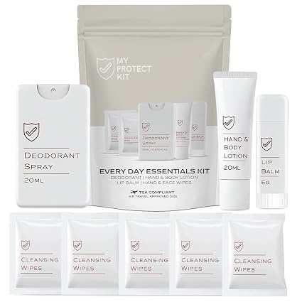 MY PROTECT KIT Travel Size Toiletries for Women – 8-Piece Scented Hygiene Kit, Eucalyptus Deodorant Spray, Coconut Vanil