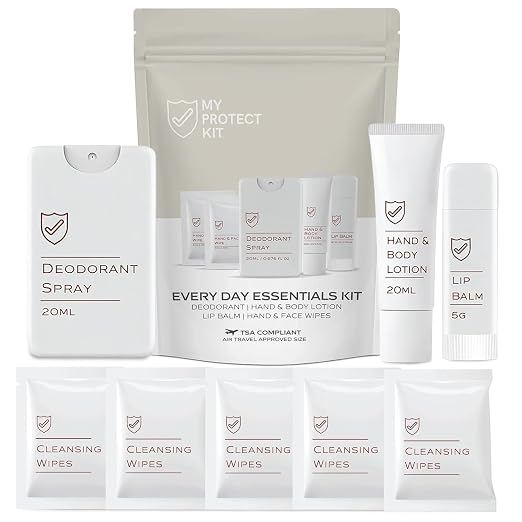 MY PROTECT KIT Travel Size Toiletries for Women – 8-Piece Scented Hygiene Kit, Eucalyptus Deodorant Spray, Coconut Vanil