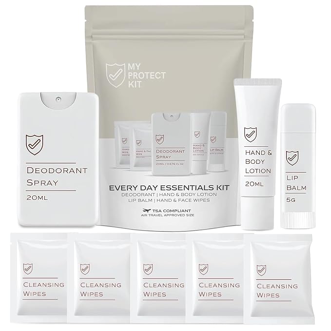 MY PROTECT KIT Travel Size Toiletries for Women – 8-Piece Scented Hygiene Kit, Eucalyptus Deodorant Spray, Coconut Vanil