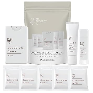 MY PROTECT KIT Travel Size Toiletries for Women – 8-Piece Scented Hygiene Kit, Eucalyptus Deodorant Spray, Coconut Vanil