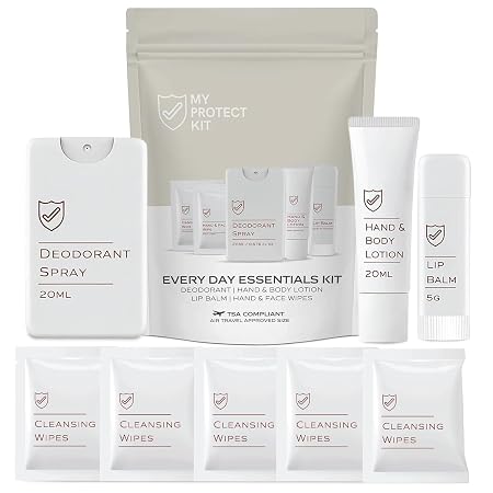 MY PROTECT KIT Travel Size Toiletries for Women – 8-Piece Scented Hygiene Kit, Eucalyptus Deodorant Spray, Coconut Vanil